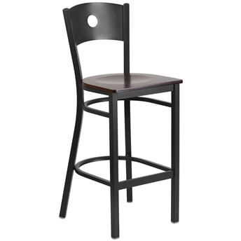 Restaurant Bar Stool Black Frame Walnut Wood Seat